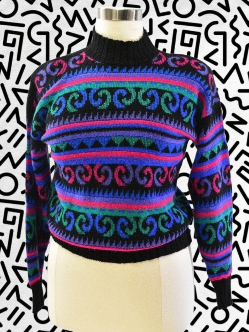 Black Multicolor Patterned Mock Neck Sweater